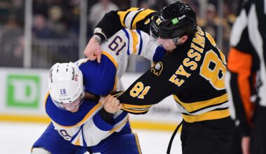Oct 30, 2025; Boston, Massachusetts, USA; Boston Bruins center Michael Eyssimont (81) fights with Buffalo Sabres center Peyton Krebs (19) during the third period at TD Garden. Mandatory Credit: Bob DeChiara-Imagn Images