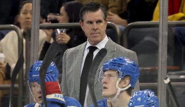Mar 5, 2026; New York, New York, USA; New York Rangers head coach Mike Sullivan coaches against the Toronto Maple Leafs during the first period at Madison Square Garden. Mandatory Credit: Brad Penner-Imagn Images