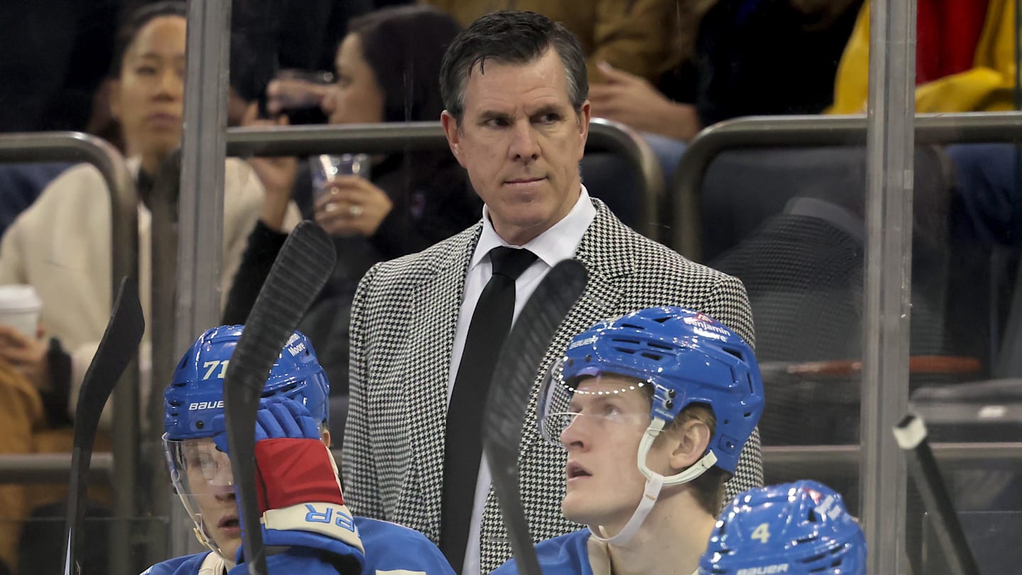 Mar 5, 2026; New York, New York, USA; New York Rangers head coach Mike Sullivan coaches against the Toronto Maple Leafs during the first period at Madison Square Garden. Mandatory Credit: Brad Penner-Imagn Images