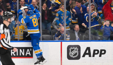 Mar 28, 2026; St. Louis, Missouri, USA; St. Louis Blues left wing Dylan Holloway (81) celebrates after scoring against the Toronto Maple Leafs during the third period at Enterprise Center. Mandatory Credit: Jeff Curry-Imagn Images