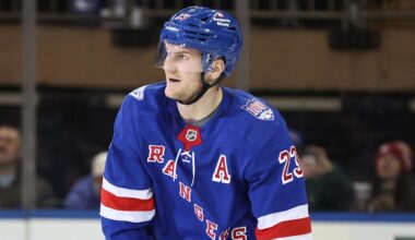Apr 2, 2026; New York, New York, USA;  New York Rangers defenseman Adam Fox (23) skates over to his bench after scoring a goal in the third period against the Montréal Canadiens at Madison Square Garden. Mandatory Credit: Wendell Cruz-Imagn Images