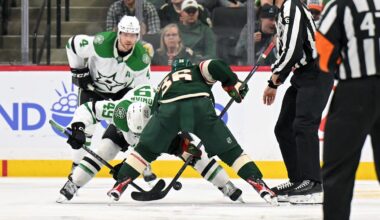 Mar 21, 2026; Saint Paul, Minnesota, USA;  Dallas Stars forward Justin Hryckowian (49) and Minnesota Wild forward Mats Zuccarello (36) face off during the third period at Grand Casino Arena. Mandatory Credit: Nick Wosika-Imagn Images