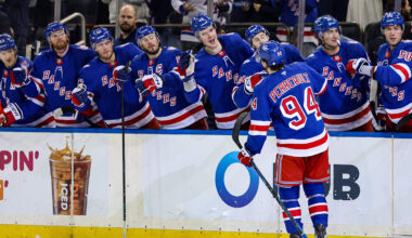 Apr 4, 2026; New York, New York, USA; New York Rangers right wing Gabe Perreault (94) celebrates his goal against the Detroit Red Wings during the second period at Madison Square Garden. Mandatory Credit: Danny Wild-Imagn Images
