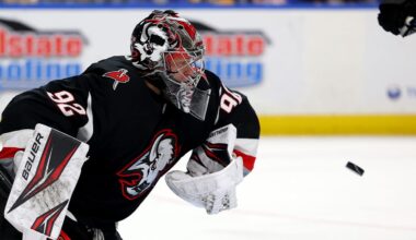 Apr 9, 2026; Buffalo, New York, USA;  Buffalo Sabres goaltender Colten Ellis (92) makes a save during the third period against the Columbus Blue Jackets at KeyBank Center. Mandatory Credit: Timothy T. Ludwig-Imagn Images