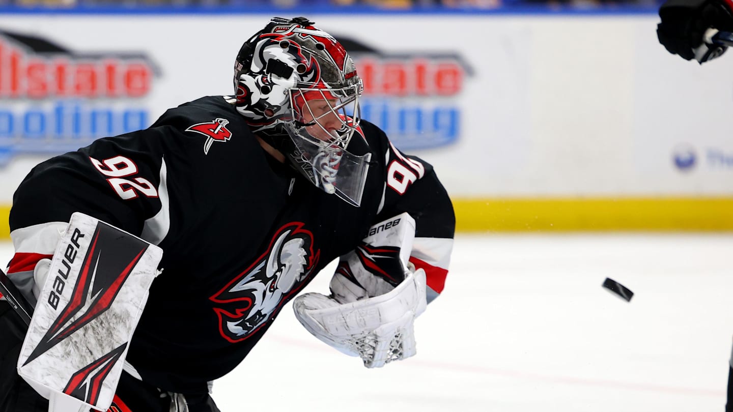 Apr 9, 2026; Buffalo, New York, USA;  Buffalo Sabres goaltender Colten Ellis (92) makes a save during the third period against the Columbus Blue Jackets at KeyBank Center. Mandatory Credit: Timothy T. Ludwig-Imagn Images