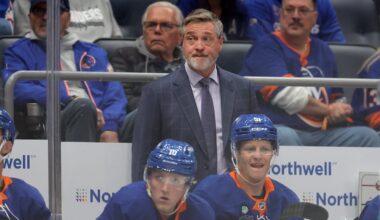 Oct 21, 2025; Elmont, New York, USA; New York Islanders head coach Patrick Roy coaches against the San Jose Sharks during the first period at UBS Arena. Mandatory Credit: Brad Penner-Imagn Images