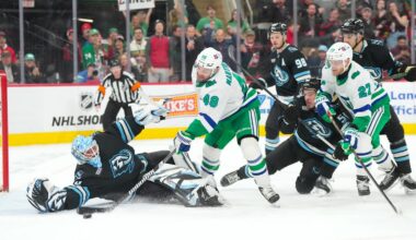 Jan 29, 2026; Raleigh, North Carolina, USA;  Carolina Hurricanes left wing Jordan Martinook (48) misses on his scoring attempt against Utah Mammoth goaltender Karel Vejmelka (70) during the third period at Lenovo Center. Mandatory Credit: James Guillory-Imagn Images
