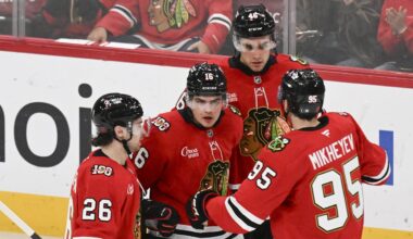 Apr 9, 2026; Chicago, Illinois, USA;  Chicago Blackhawks center Anton Frondell (16) celebrates his goal against the Carolina Hurricanes with teammates  during the third period at the United Center. Mandatory Credit: Matt Marton-Imagn Images