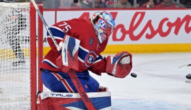 Apr 7, 2026; Montreal, Quebec, CAN; Montreal Canadiens goalie Jakub Dobes (75) makes a save during the first period of the game against the Florida Panthers at the Bell Centre. Mandatory Credit: Eric Bolte-Imagn Images
