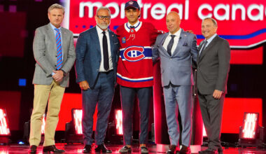 Jun 28, 2024; Las Vegas, Nevada, USA; Michael Hage is selected by the Montreal Canadiens with the 21st overall pick in the first round of the 2024 NHL Draft at The Sphere. Mandatory Credit: Stephen R. Sylvanie-Imagn Images