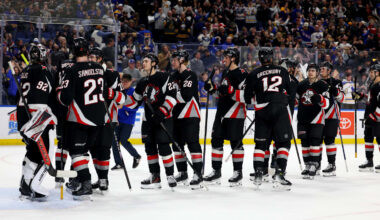 Apr 9, 2026; Buffalo, New York, USA;  The Buffalo Sabres celebrate a win over the Columbus Blue Jackets at KeyBank Center. Mandatory Credit: Timothy T. Ludwig-Imagn Images