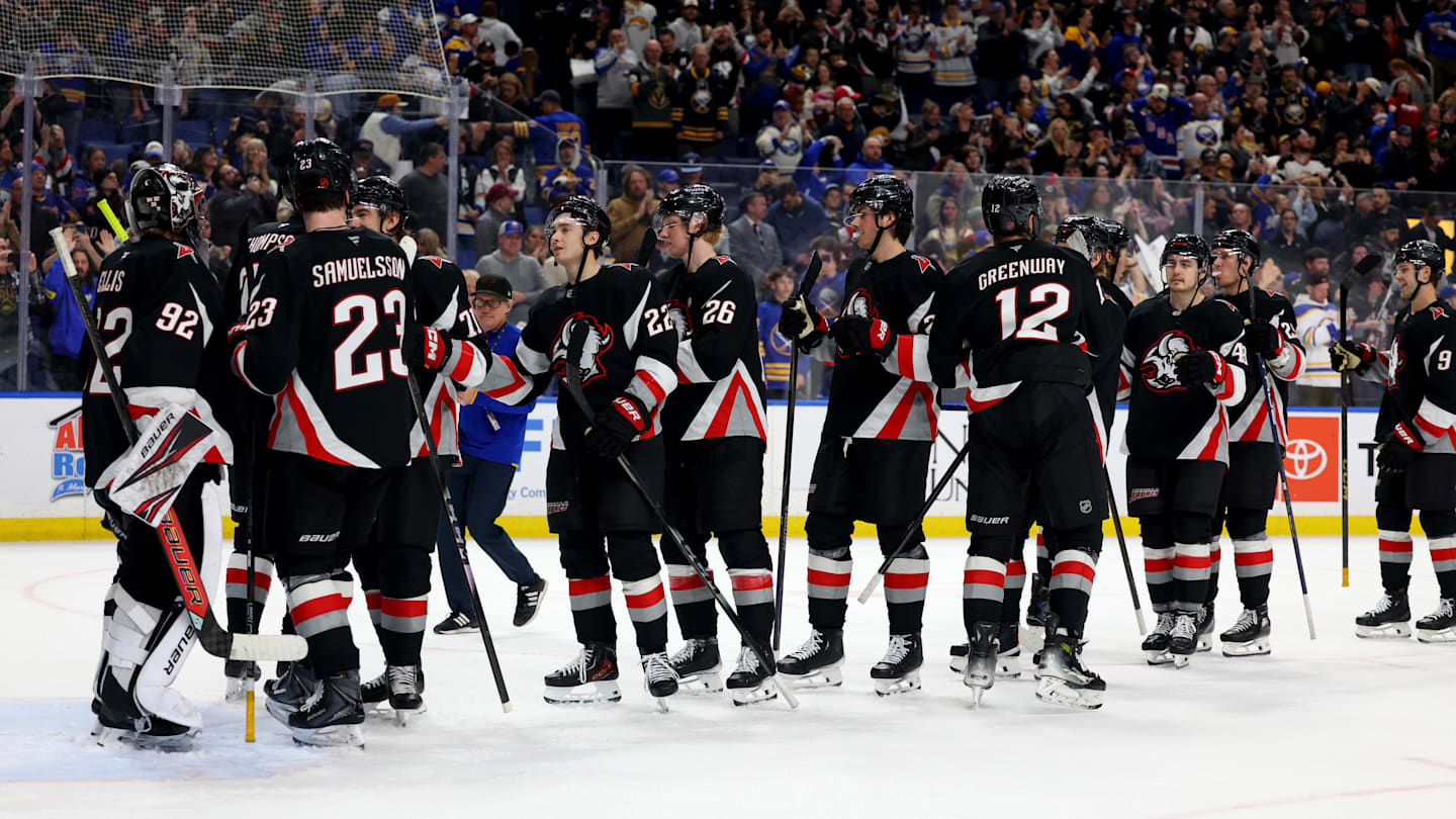 Apr 9, 2026; Buffalo, New York, USA;  The Buffalo Sabres celebrate a win over the Columbus Blue Jackets at KeyBank Center. Mandatory Credit: Timothy T. Ludwig-Imagn Images