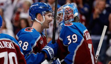 Apr 9, 2026; Denver, Colorado, USA; Colorado Avalanche center Martin Necas (88) celebrates with goaltender MacKenzie Blackwood (39) after the game against the Calgary Flames at Ball Arena. Mandatory Credit: Isaiah J. Downing-Imagn Images