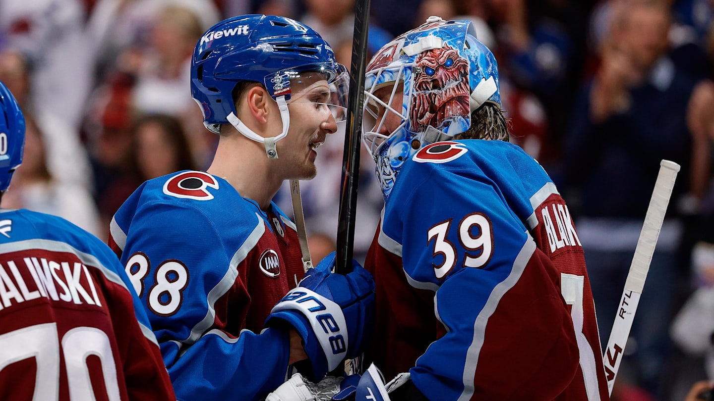 Apr 9, 2026; Denver, Colorado, USA; Colorado Avalanche center Martin Necas (88) celebrates with goaltender MacKenzie Blackwood (39) after the game against the Calgary Flames at Ball Arena. Mandatory Credit: Isaiah J. Downing-Imagn Images