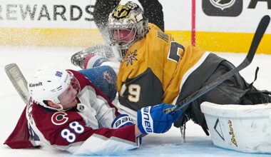 Dec 27, 2025; Las Vegas, Nevada, USA; Colorado Avalanche center Martin Necas (88) collides with Vegas Golden Knights goaltender Carter Hart (79) after scoring a goal during a shoot out at T-Mobile Arena. Mandatory Credit: Stephen R. Sylvanie-Imagn Images