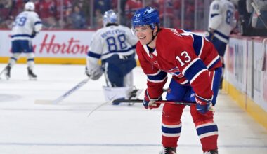 Apr 9, 2026; Montreal, Quebec, CAN; Montreal Canadiens forward Cole Caufield (13) skates during the warmup before the game against the Tampa Bay Lightning at the Bell Centre. Mandatory Credit: Eric Bolte-Imagn Images