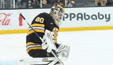 Sep 21, 2025; Boston, Massachusetts, USA; Boston Bruins goaltender Michael DiPietro (80) makes a save during the second period against the Washington Capitals at TD Garden. Mandatory Credit: Bob DeChiara-Imagn Images
