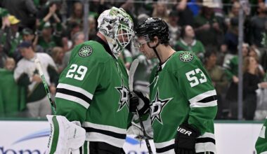 Apr 11, 2026; Dallas, Texas, USA; Dallas Stars center Wyatt Johnston (53) and goaltender Jake Oettinger (29) celebrate after the Stars defeat the New York Rangers at the American Airlines Center. Mandatory Credit: Jerome Miron-Imagn Images