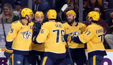 Apr 11, 2026; Nashville, Tennessee, USA; The Nashville Predators celebrate a goal by Nashville Predators center Steven Stamkos (91) during the first period of their game against the Minnesota Wild at Bridgestone Arena. Mandatory Credit: Alan Poizner-Imagn Images