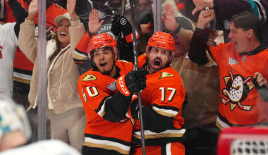 Apr 9, 2026; Anaheim, California, USA; Anaheim Ducks defenseman Tyson Hinds (60) celebrates with left wing Alex Killorn (17) after scoring a goal against San Jose Sharks goaltender Yaroslav Askarov (30) in the second period at Honda Center. Mandatory Credit: Kirby Lee-Imagn Images