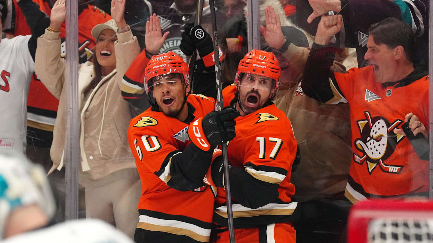 Apr 9, 2026; Anaheim, California, USA; Anaheim Ducks defenseman Tyson Hinds (60) celebrates with left wing Alex Killorn (17) after scoring a goal against San Jose Sharks goaltender Yaroslav Askarov (30) in the second period at Honda Center. Mandatory Credit: Kirby Lee-Imagn Images