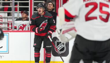 Oct 9, 2025; Raleigh, North Carolina, USA;  Carolina Hurricanes center Seth Jarvis (24) celebrates his goal against the New Jersey Devils during the third period at Lenovo Center. Mandatory Credit: James Guillory-Imagn Images