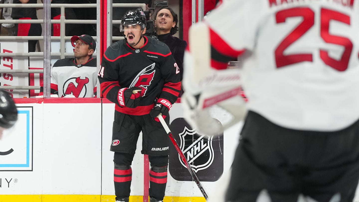 Oct 9, 2025; Raleigh, North Carolina, USA;  Carolina Hurricanes center Seth Jarvis (24) celebrates his goal against the New Jersey Devils during the third period at Lenovo Center. Mandatory Credit: James Guillory-Imagn Images