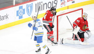 Apr 11, 2026; Chicago, Illinois, USA; St. Louis Blues right wing Jordan Kyrou (25) reacts after scoring against the Chicago Blackhawks during the second period at United Center. Mandatory Credit: Kamil Krzaczynski-Imagn Images
