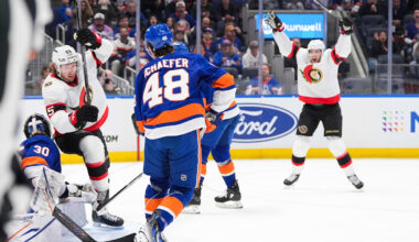 Apr 11, 2026; Elmont, New York, USA; Ottawa Senators defenseman Jake Sanderson (85) scores a goal in the third period against the New York Islanders at UBS Arena. Mandatory Credit: Alexander Wohl-Imagn Images