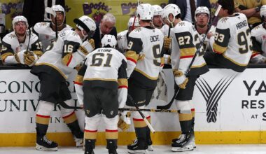 Feb 1, 2026; Anaheim, California, USA;  Vegas Golden Knights head coach Bruce Cassidy talks with his team during a timeout in the third period against the Anaheim Ducks at Honda Center. Mandatory Credit: Kiyoshi Mio-Imagn Images