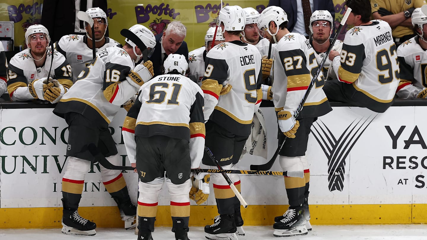 Feb 1, 2026; Anaheim, California, USA;  Vegas Golden Knights head coach Bruce Cassidy talks with his team during a timeout in the third period against the Anaheim Ducks at Honda Center. Mandatory Credit: Kiyoshi Mio-Imagn Images