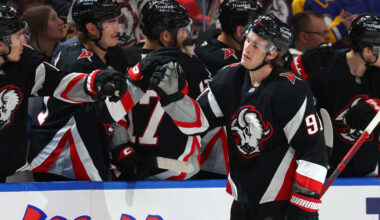 Apr 9, 2026; Buffalo, New York, USA;  Buffalo Sabres right wing Josh Doan (91) celebrates his goal with teammates during the third period against the Columbus Blue Jackets at KeyBank Center. Mandatory Credit: Timothy T. Ludwig-Imagn Images