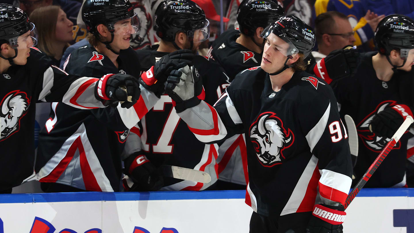 Apr 9, 2026; Buffalo, New York, USA;  Buffalo Sabres right wing Josh Doan (91) celebrates his goal with teammates during the third period against the Columbus Blue Jackets at KeyBank Center. Mandatory Credit: Timothy T. Ludwig-Imagn Images