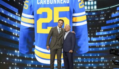 Jun 27, 2025; Los Angeles, California, USA; Justin Carbonneau is selected as the 19th overall pick to the St. Louis Blues in the first round of the 2025 NHL Draft at Peacock Theater. Mandatory Credit: Kirby Lee-Imagn Images