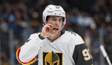 Apr 7, 2026; Vancouver, British Columbia, CAN; Vegas Golden Knights forward Mitch Marner (93) during a stop in play against the Vancouver Canucks in the third period at Rogers Arena. Mandatory Credit: Bob Frid-Imagn Images
