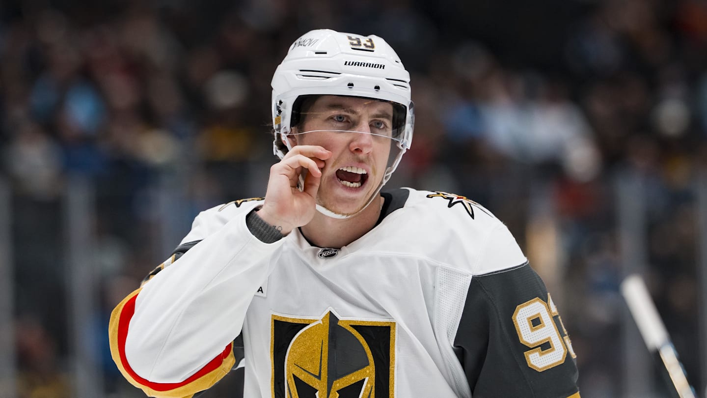 Apr 7, 2026; Vancouver, British Columbia, CAN; Vegas Golden Knights forward Mitch Marner (93) during a stop in play against the Vancouver Canucks in the third period at Rogers Arena. Mandatory Credit: Bob Frid-Imagn Images