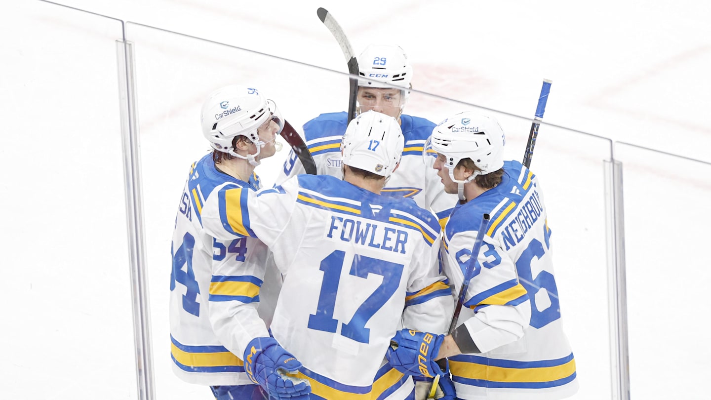 Apr 11, 2026; Chicago, Illinois, USA; St. Louis Blues defenseman Cam Fowler (17) celebrates with teammates after scoring against the Chicago Blackhawks during the second period at United Center. Mandatory Credit: Kamil Krzaczynski-Imagn Images