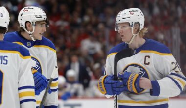 Apr 4, 2026; Washington, District of Columbia, USA; Buffalo Sabres center Tage Thompson (72) talks with Sabres defenseman Rasmus Dahlin (26) prior top a face-off against the Washington Capitals during the second period at Capital One Arena. Mandatory Credit: Geoff Burke-Imagn Images