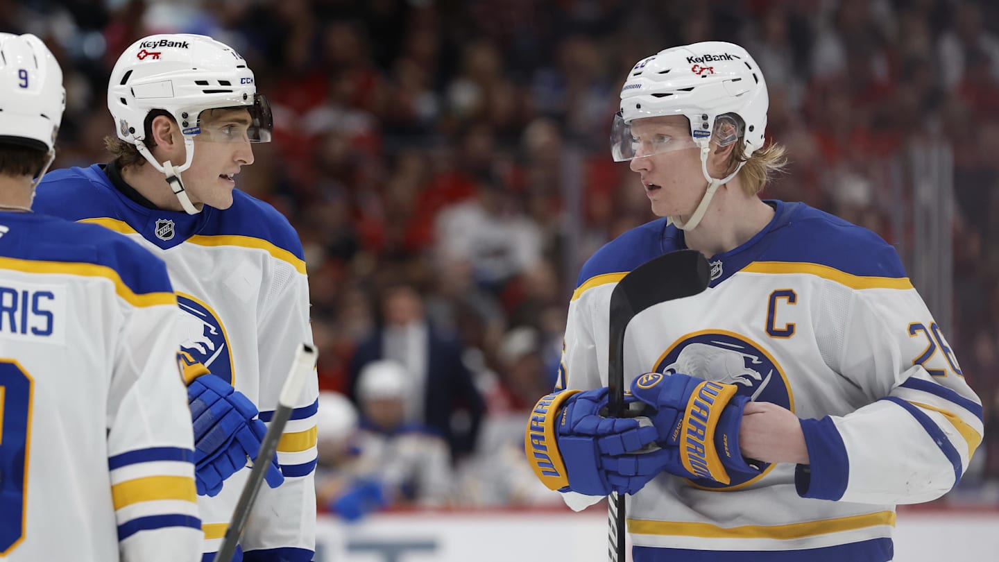 Apr 4, 2026; Washington, District of Columbia, USA; Buffalo Sabres center Tage Thompson (72) talks with Sabres defenseman Rasmus Dahlin (26) prior top a face-off against the Washington Capitals during the second period at Capital One Arena. Mandatory Credit: Geoff Burke-Imagn Images