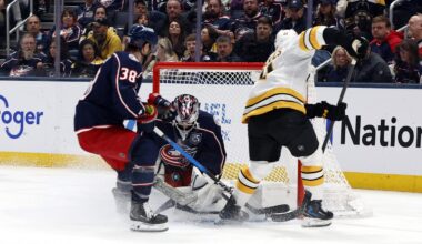 Apr 12, 2026; Columbus, Ohio, USA; Columbus Blue Jackets goalie Jet Greaves (73) makes a save against Boston Bruins center Alex Steeves (21) during the second period at Nationwide Arena. Mandatory Credit: Russell LaBounty-Imagn Images