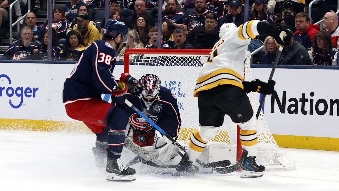 Apr 12, 2026; Columbus, Ohio, USA; Columbus Blue Jackets goalie Jet Greaves (73) makes a save against Boston Bruins center Alex Steeves (21) during the second period at Nationwide Arena. Mandatory Credit: Russell LaBounty-Imagn Images
