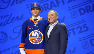 Jun 27, 2025; Los Angeles, California, USA; Victor Eklund is selected as the 16th overall pick to the New York Islanders in the first round of the 2025 NHL Draft at Peacock Theater. Mandatory Credit: Kirby Lee-Imagn Images