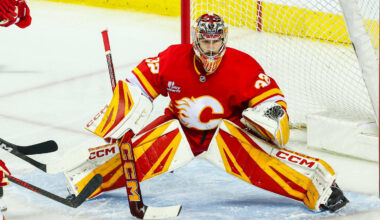 Apr 12, 2026; Calgary, Alberta, CAN; Calgary Flames goaltender Dustin Wolf (32) guards his net against the Utah Mammoth during the third period at Scotiabank Saddledome. Mandatory Credit: Sergei Belski-Imagn Images