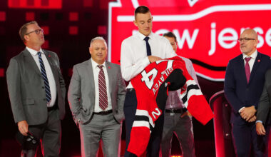Jun 28, 2024; Las Vegas, Nevada, USA; Anton Silayev is selected by the New Jersey Devils with the 10th overall pick in the first round of the 2024 NHL Draft at The Sphere. Mandatory Credit: Stephen R. Sylvanie-Imagn Images