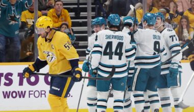 Apr 13, 2026; Nashville, Tennessee, USA; San Jose Sharks celebrate a goal against the Nashville Predators during the second period of their game at Bridgestone Arena. Mandatory Credit: Alan Poizner-Imagn Images