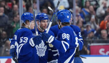 Apr 13, 2026; Toronto, Ontario, CAN; Toronto Maple Leafs center John Tavares (91) scores a goal and celebrates with right wing William Nylander (88) against the Dallas Stars during the first period at Scotiabank Arena. Mandatory Credit: Nick Turchiaro-Imagn Images