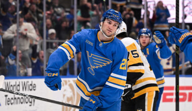 Apr 14, 2026; St. Louis, Missouri, USA; St. Louis Blues right wing Jimmy Snuggerud (21) reacts after scoring a goal against the Pittsburgh Penguins during the second period at Enterprise Center. Mandatory Credit: Connor Hamilton-Imagn Images
