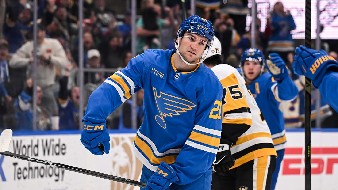 Apr 14, 2026; St. Louis, Missouri, USA; St. Louis Blues right wing Jimmy Snuggerud (21) reacts after scoring a goal against the Pittsburgh Penguins during the second period at Enterprise Center. Mandatory Credit: Connor Hamilton-Imagn Images