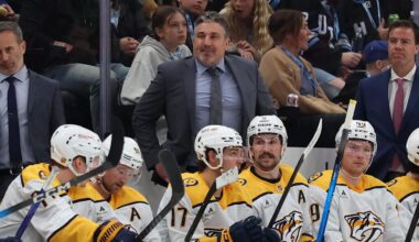 Apr 9, 2026; Salt Lake City, Utah, USA; Nashville Predators head coach Andrew Brunette looks on during the second period against the Utah Mammoth at Delta Center. Mandatory Credit: Rob Gray-Imagn Images