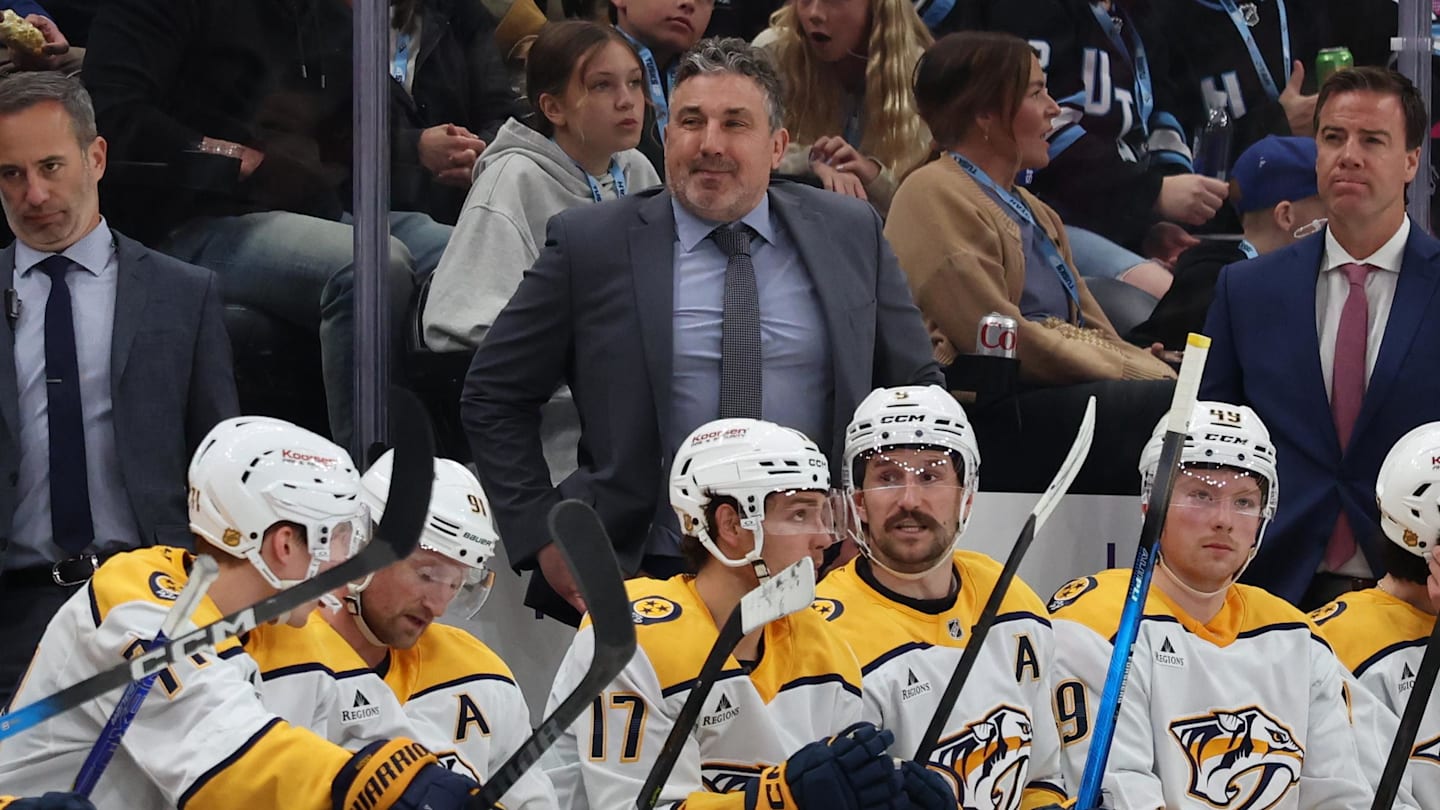 Apr 9, 2026; Salt Lake City, Utah, USA; Nashville Predators head coach Andrew Brunette looks on during the second period against the Utah Mammoth at Delta Center. Mandatory Credit: Rob Gray-Imagn Images